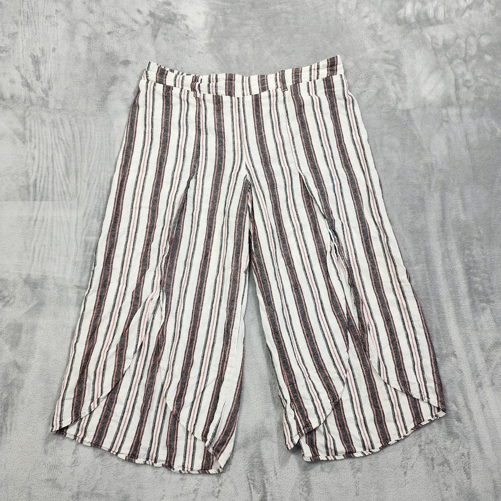 Maurices Pants Womens L White Pink Striped Linen Crop Split Wide Leg Pull On